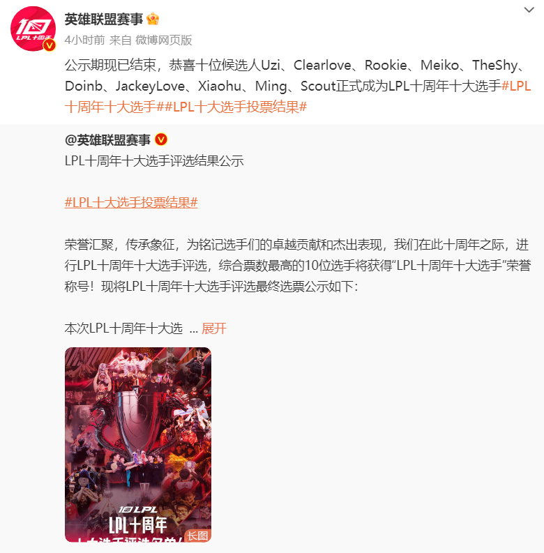 《英雄联盟》LPL 十周年十大选手名单公布